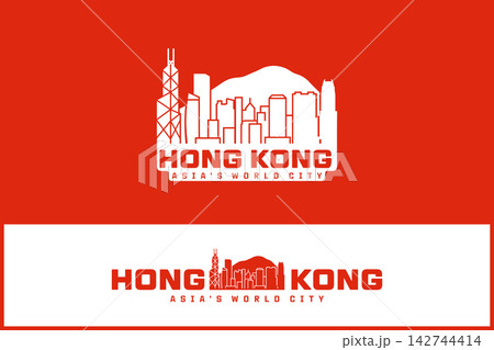 Hong Kong skyline vector logo with iconic city buildings and bold red background for travel branding and urban design. 142744414