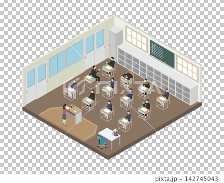 等距插圖：課堂上課的場景（中學生穿著冬季制服） 142745043