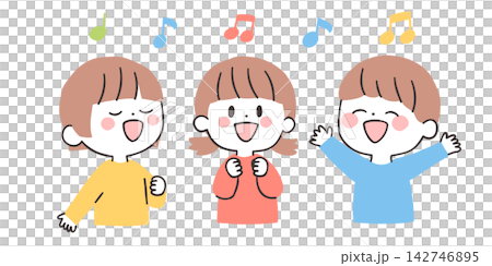 An illustration of three children singing cheerfully. An illustration of three children singing cheerfully. 142746895