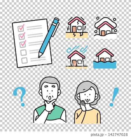 シンプルで使いやすい|自然災害について考える老夫婦・シニアのイラストセット|火災保険・住宅・防災 シンプルで使いやすい|自然災害について考える老夫婦・シニアのイラストセット|火災保険・住宅・防災 142747028