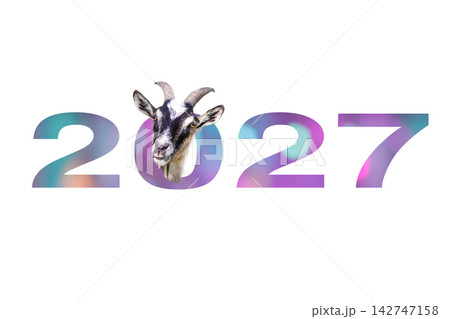 A festive New Year 2027 graphic on a white background. The text is a holographic gradient, with the number 0 cleverly replaced by a realistic goat head. Year of the Goat concept 142747158