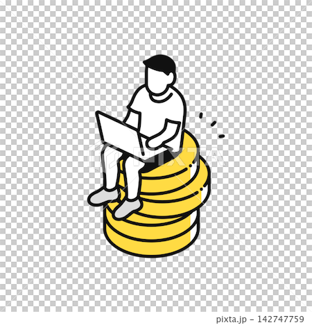 一個簡單的向量插圖圖標,描繪了一位自由工作者坐在成堆的硬幣上。 一個簡單的向量插圖圖標,描繪了一位自由工作者坐在成堆的硬幣上。 142747759