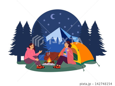 Camping Vector Illustration Featuring Friends Gathering Around a Campfire, Playing Guitar, Relaxing in Tents, Enjoying Outdoor Adventure at Night 142748154