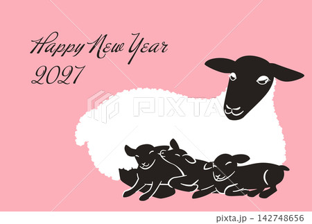 2027年未年 顔の黒い羊の親子の年賀状 横型 2027年未年 顔の黒い羊の親子の年賀状 横型 142748656