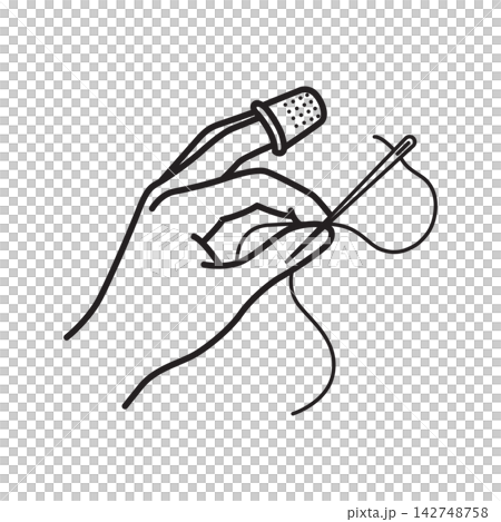 Minimal line icon depicting a hand wearing a thimble while stitching with a needle and thread. Minimal line icon depicting a hand wearing a thimble while stitching with a needle and thread. 142748758