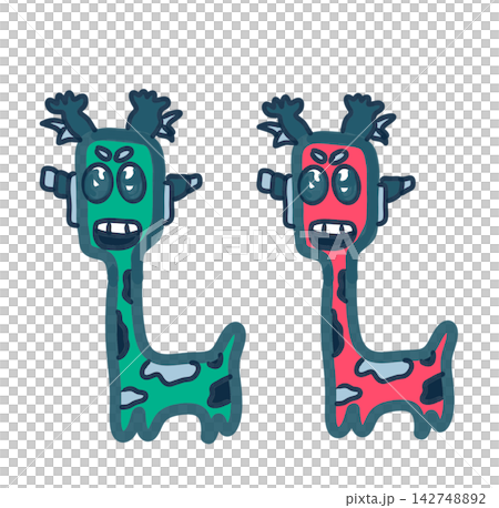 Cute hand-drawn illustration set of funny green and pink giraffe monster characters isolated Cute hand-drawn illustration set of funny green and pink giraffe monster characters isolated 142748892