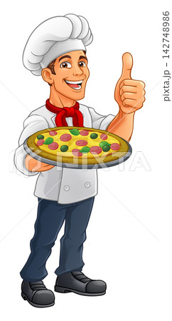 Chef Cartoon Pizza Cook Food Man Mascot Character Chef Cartoon Pizza Cook Food Man Mascot Character 142748986