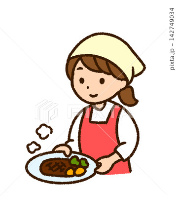 調理・食事を運ぶ女性のイラスト（カラー・png） 142749034