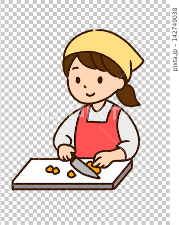 一位女士正在烹飪，並用刀切菜（彩色，PNG格式） 142749038