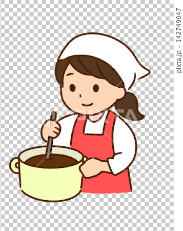 Illustration of a woman cooking and stirring a pot (color, PNG) 142749047