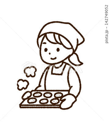 調理・クッキーを焼く女性のイラスト(線画・jpg) 調理・クッキーを焼く女性のイラスト(線画・jpg) 142749052