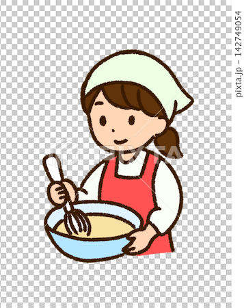 一位女性正在烹飪和混合食材的插圖（彩色，PNG格式） 142749054