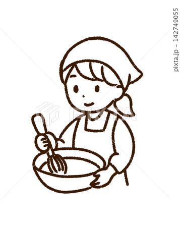 調理・食材を混ぜる女性のイラスト（線画・png） 142749055