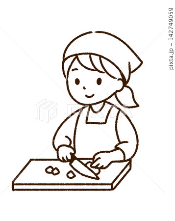 調理・包丁で食材をカットする女性のイラスト(線画・png) 調理・包丁で食材をカットする女性のイラスト(線画・png) 142749059