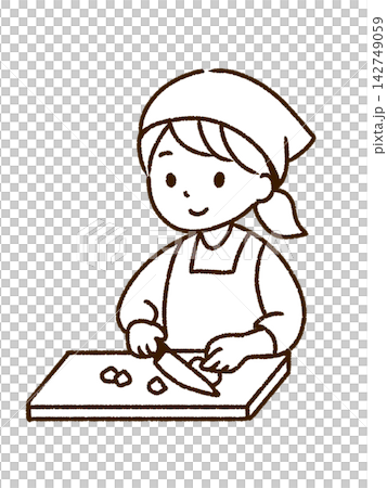 調理・包丁で食材をカットする女性のイラスト(線画・png) 調理・包丁で食材をカットする女性のイラスト(線画・png) 142749059