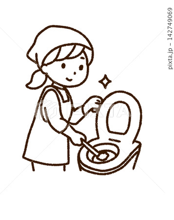 清掃・トイレ掃除をする女性のイラスト(線画・png) 清掃・トイレ掃除をする女性のイラスト(線画・png) 142749069