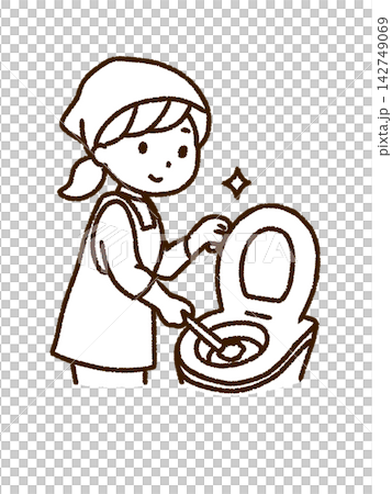 清掃・トイレ掃除をする女性のイラスト(線画・png) 清掃・トイレ掃除をする女性のイラスト(線画・png) 142749069