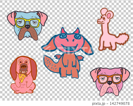 Cute hand-drawn sticker collection set featuring hipster bulldogs, poodles, pizza-eating dog 142749078