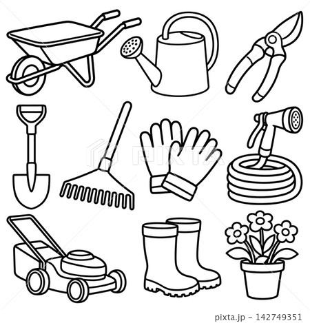 Gardening equipment icon set containing wheelbarrow watering can pruner shovel rake glove hose lawnmower boot and potted flower offering joyful backyard work feel 142749351