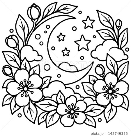 Peaceful moon crescent surrounded by flower blossom, leaf branch, star, and cloud outline drawing for coloring book page illustration, creating calm and serene atmosphere for relaxation Peaceful moon crescent surrounded by flower blossom, leaf branch, star, and cloud outline drawing for coloring book page illustration, creating calm and serene atmosphere for relaxation 142749356