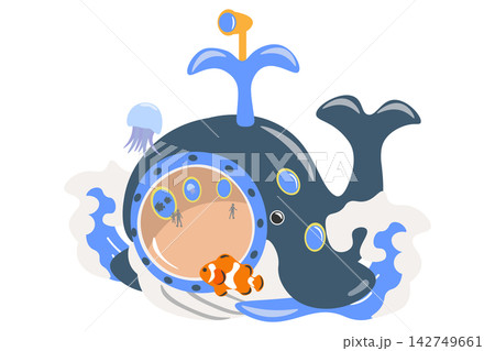 クジラの形の潜水艦にのって海を観察するイラスト 142749661
