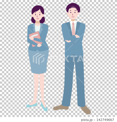 一幅全身插圖,描繪了一位手持文件的女性和一位雙臂交叉的男性辦公室職員。 一幅全身插圖,描繪了一位手持文件的女性和一位雙臂交叉的男性辦公室職員。 142749667