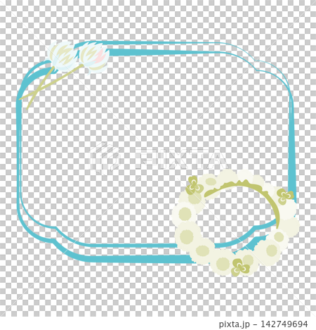 シロツメクサの花冠を飾った水色のフレームイラスト 142749694