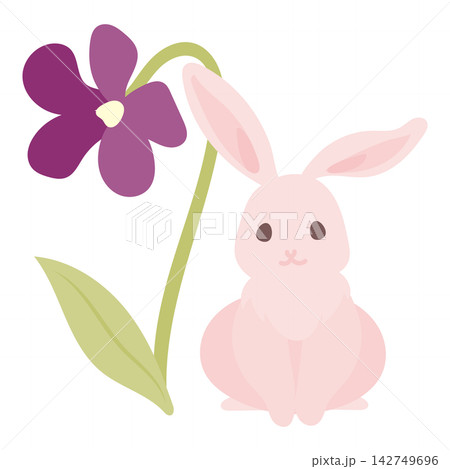 スミレの花のそばに座るピンクのうさぎのイラスト スミレの花のそばに座るピンクのうさぎのイラスト 142749696