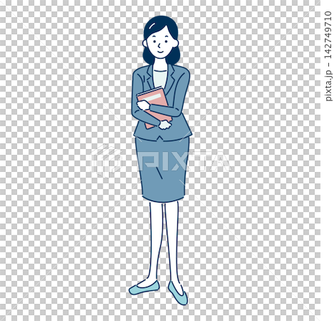 一位女上班族手持文件站立的全身插圖。 一位女上班族手持文件站立的全身插圖。 142749710
