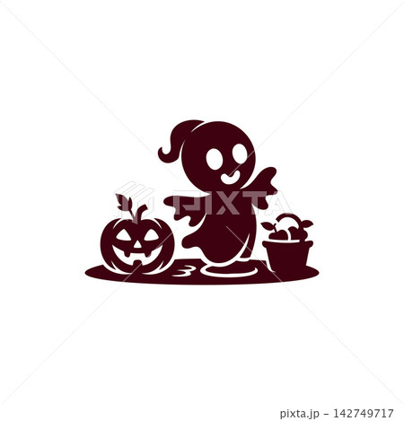 Cute Halloween Ghost With Pumpkin Silhouette Art Cute Halloween Ghost With Pumpkin Silhouette Art 142749717