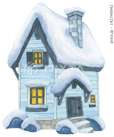 Watercolor Illustration of a Snowy Winter House Watercolor Illustration of a Snowy Winter House 142749942