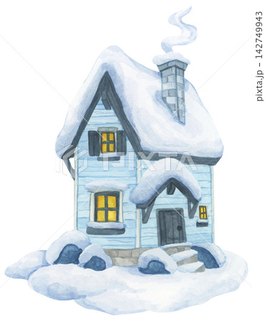 Watercolor Illustration of a Snowy Winter House 142749943