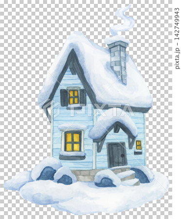 Watercolor Illustration of a Snowy Winter House 142749943