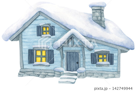 Watercolor Illustration of a Snowy Winter House Watercolor Illustration of a Snowy Winter House 142749944