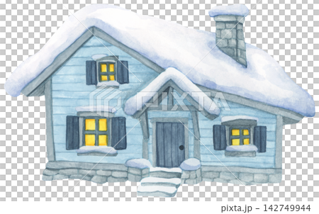Watercolor Illustration of a Snowy Winter House Watercolor Illustration of a Snowy Winter House 142749944