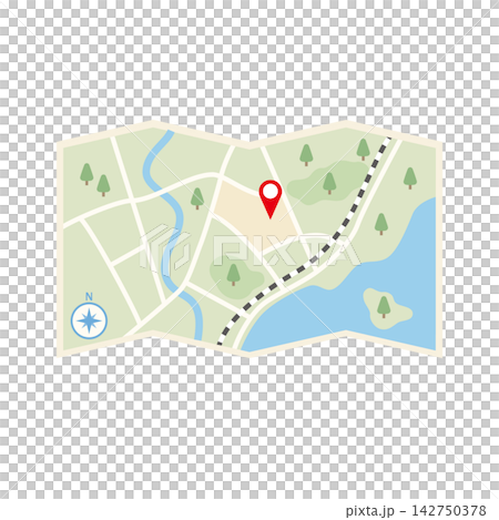 帶有圖釘的折疊地圖示意圖。 142750378