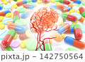 Human brain anatomy on medicine pills background 142750564