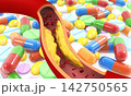Cholesterol plaque in human vein on medicine pills background 142750565
