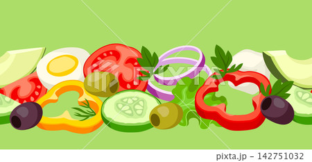 Seamless border with vegetables. Fresh products for Greek salad. Mediterranean diet. Seamless border with vegetables. Fresh products for Greek salad. Mediterranean diet. 142751032