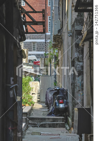 Hong Kong Aug 28 2026 Narrow alleyway in Sai Ying Pun neighborhood Hong Kong Aug 28 2026 Narrow alleyway in Sai Ying Pun neighborhood 142751366