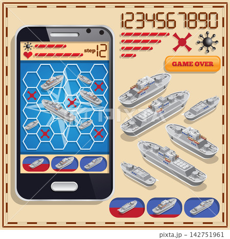 Battleship. A set of user interface elements. Mobile app. Vector illustration. Battleship. A set of user interface elements. Mobile app. Vector illustration. 142751961