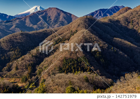 冬の岩殿山稜線・稚児落し付近から見る高川山・三ツ峠と富士山 冬の岩殿山稜線・稚児落し付近から見る高川山・三ツ峠と富士山 142751979