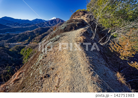 岩殿山稜線・稚児落しの岩壁と富士山 142751983