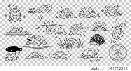 一組手繪線條藝術插圖,描繪了海龜(行走、游泳、潛水和探出頭來)。 一組手繪線條藝術插圖,描繪了海龜(行走、游泳、潛水和探出頭來)。 142752258