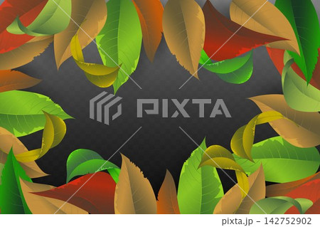Colorful autumn leaves forming a dynamic border around a dark transparent background 142752902