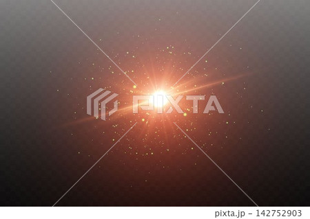 Bright light source radiating rays with sparkling dust on a dark transparent background 142752903