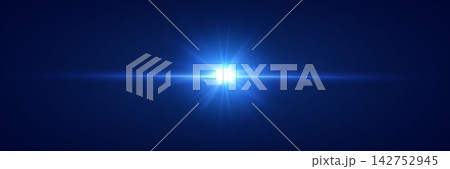 Bright blue light emitting horizontal lens flare and starburst rays on dark background 142752945