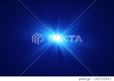 Bright blue light emitting radiant rays against a dark background, forming an abstract design 142752951