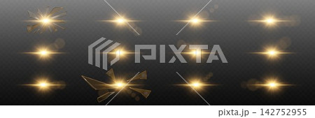 Set of golden light effects creating bright flares and broken glass reflections on transparent background Set of golden light effects creating bright flares and broken glass reflections on transparent background 142752955