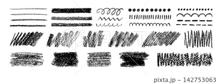 Crayon texture. Charcoal abstract figures. Black pencil brush, pastel stroke, scribbles, dots, messy pencil squiggles, paint lines. Graphite crosshatch effect. Vector set Crayon texture. Charcoal abstract figures. Black pencil brush, pastel stroke, scribbles, dots, messy pencil squiggles, paint lines. Graphite crosshatch effect. Vector set 142753063